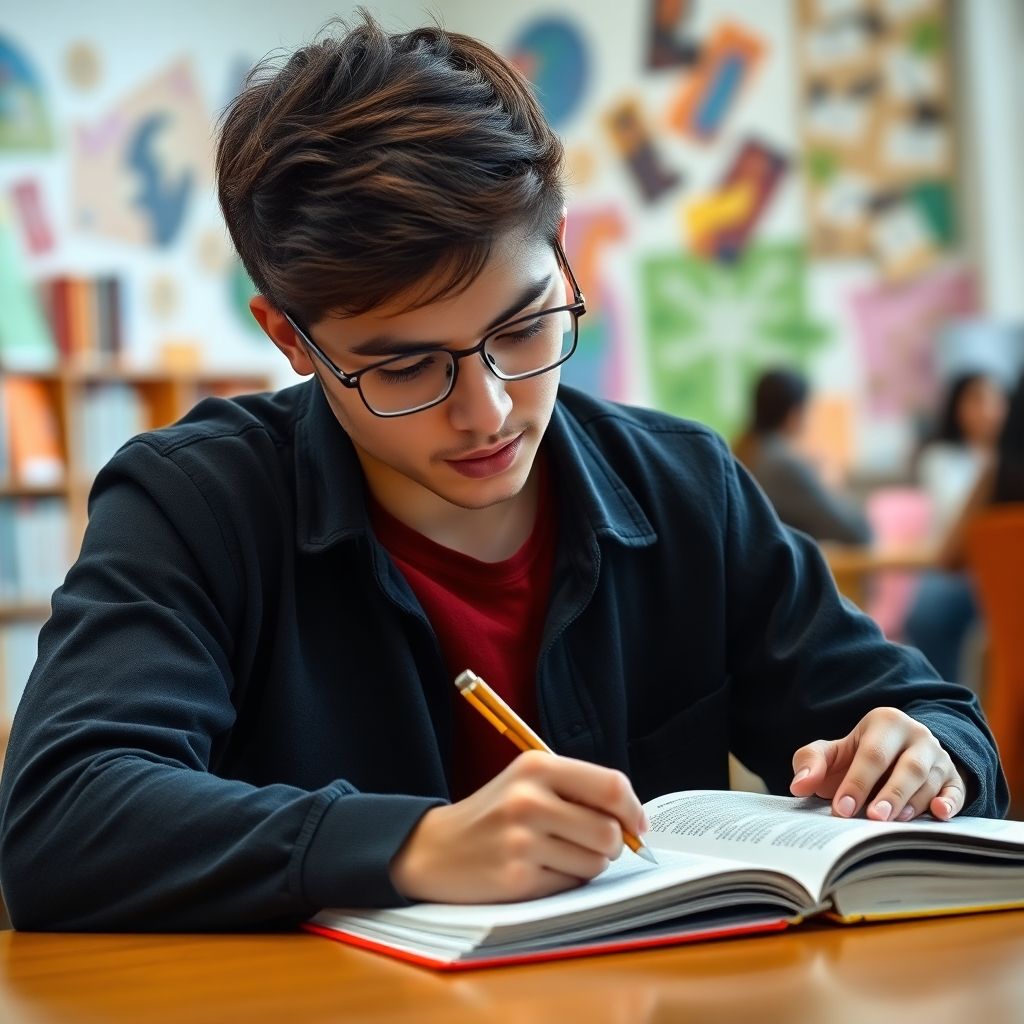 University student writing in a vibrant study environment.