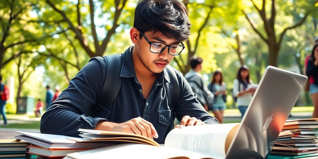 University student studying in a vibrant campus setting.