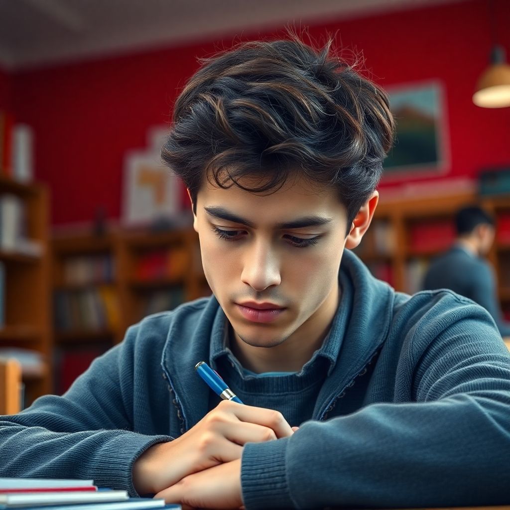 Estudiante universitario escribiendo en un entorno vibrante.