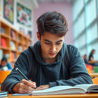 University student writing in a vibrant study environment.