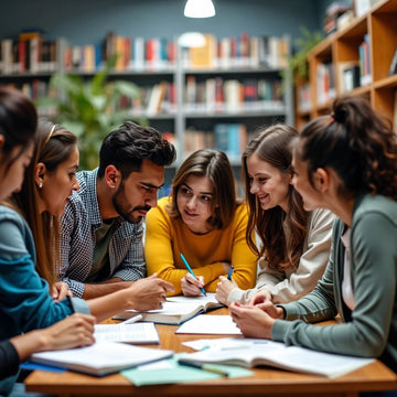 Estudiantes diversos discutiendo materiales de investigación.