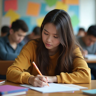 Mahasiswa universitas menulis di lingkungan yang berwarna-warni.