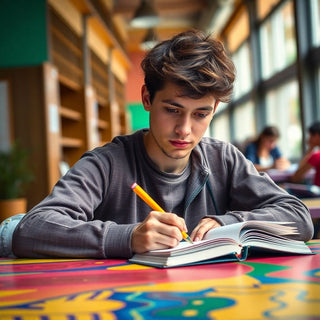 Estudante universitário escrevendo em um ambiente colorido.