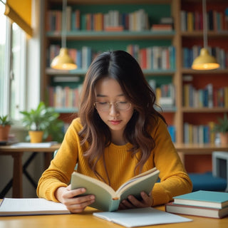 University student reading in a vibrant study environment.