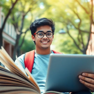 University student on a lively campus with open books.