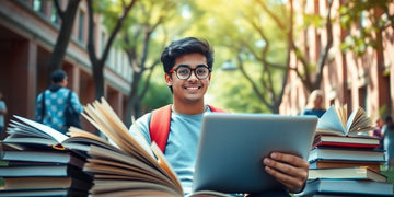 University student on a lively campus with open books.