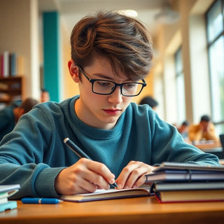 Estudante universitário escrevendo em um ambiente vibrante.