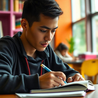 University student writing in a vibrant study environment.