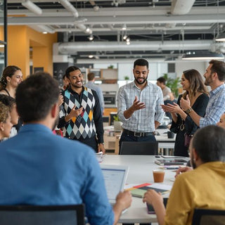 Diverse professionals collaborating in a modern office setting.