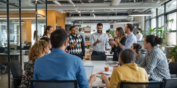 Diverse professionals collaborating in a modern office setting.