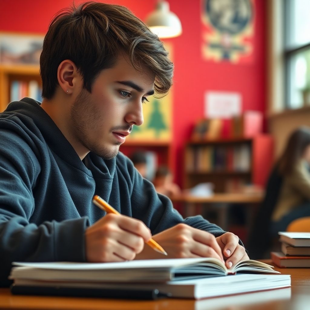 University student writing in a vibrant study environment.