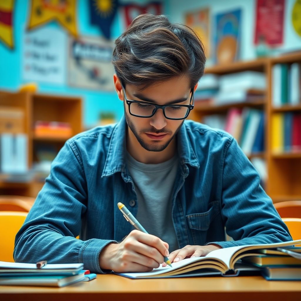 Estudante universitário escrevendo em um ambiente vibrante.