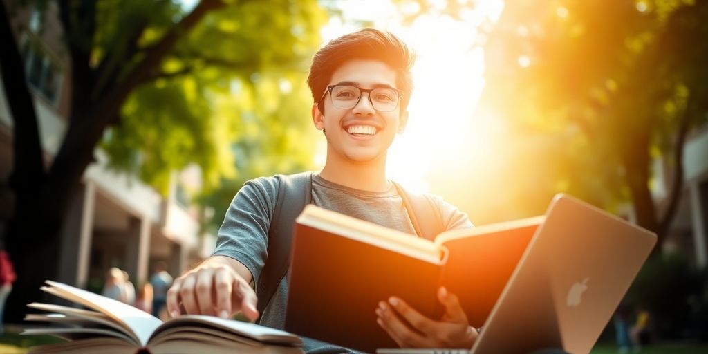 University student on campus with books and laptop.