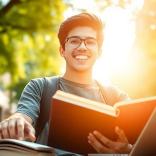 University student on campus with books and laptop.