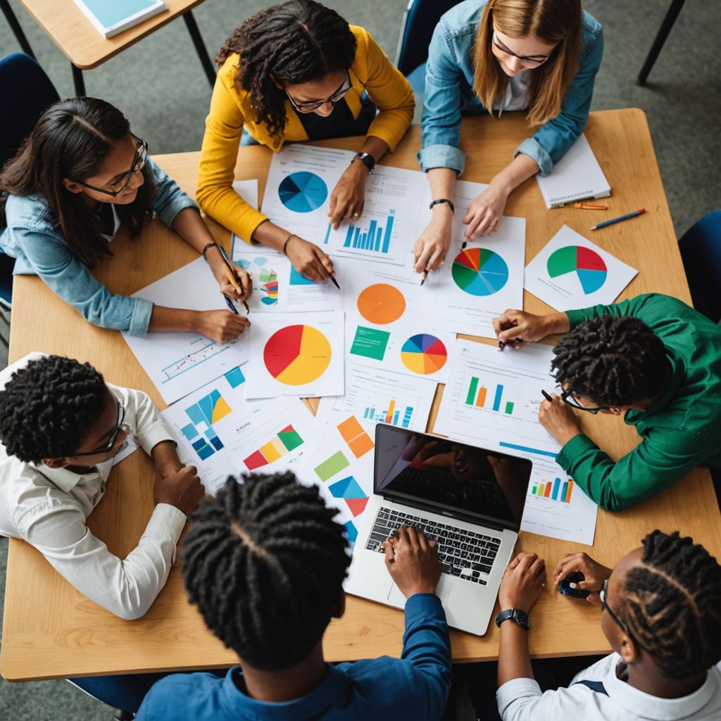 الطلاب يتعاونون مع الكتب وأجهزة الكمبيوتر المحمولة