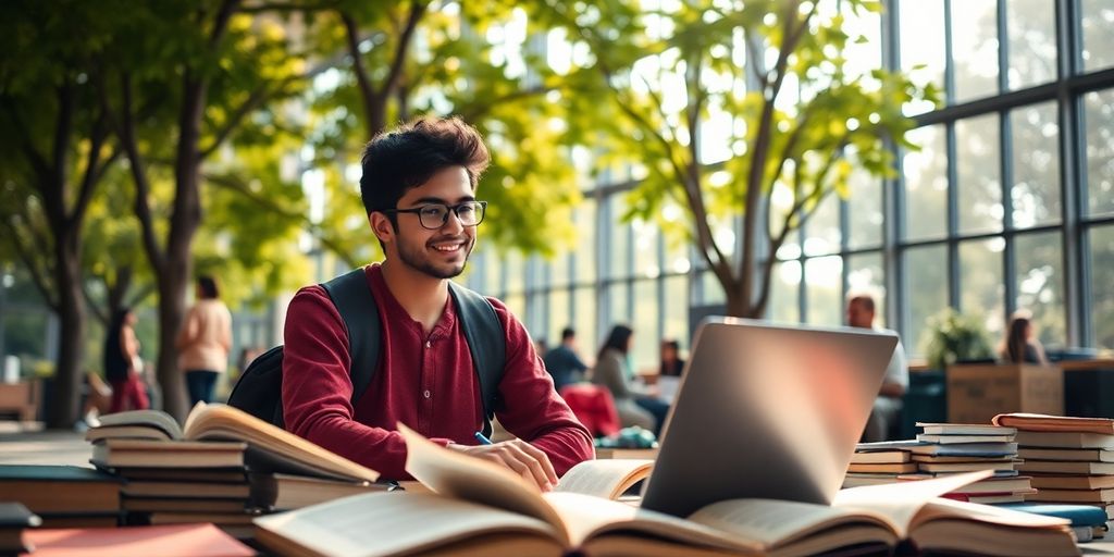 University student in a vibrant campus with books and laptop.