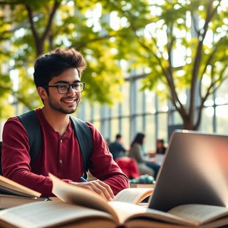 University student in a vibrant campus with books and laptop.