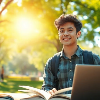 University student studying in a vibrant campus environment.