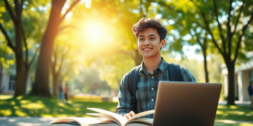 University student studying in a vibrant campus environment.