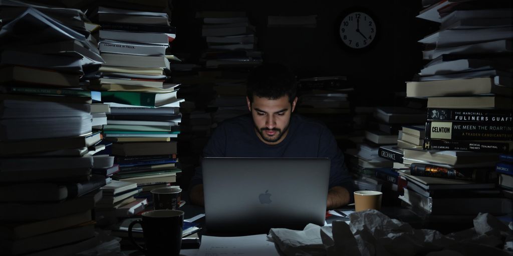 Student working late on a thesis with books and coffee.