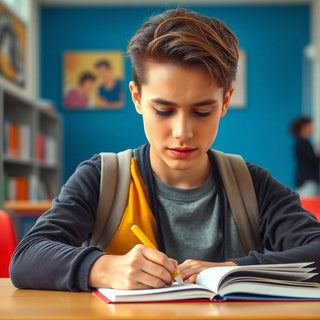 Estudante universitário escrevendo em um ambiente vibrante.