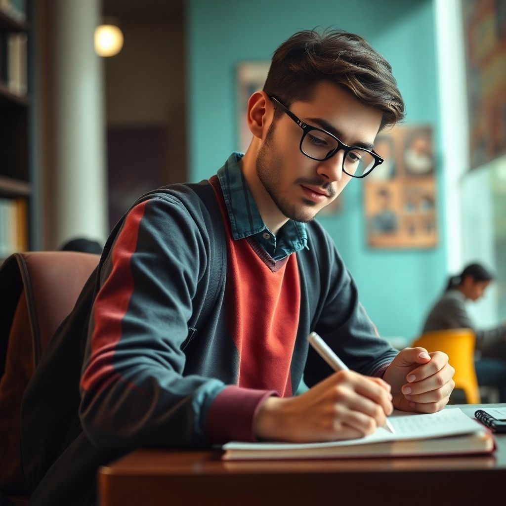 University student writing in a colorful, vibrant setting.