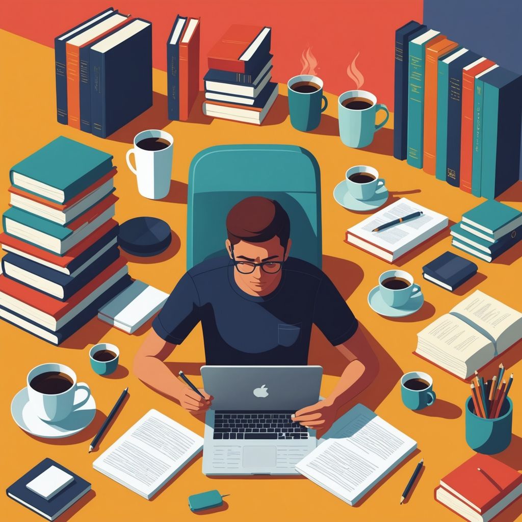 Estudiante escribiendo tesis con libros y computadora portátil