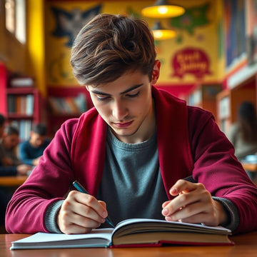 University student writing in a vibrant study environment.