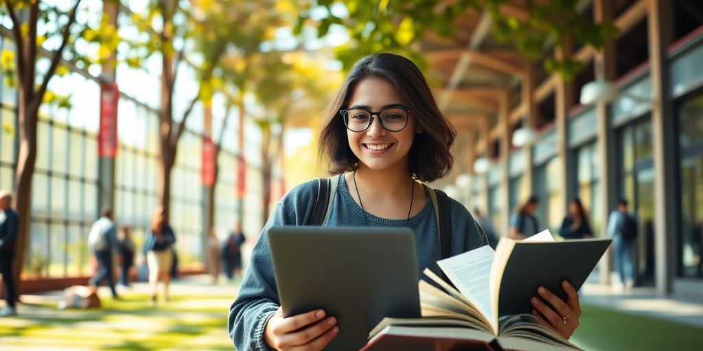 University student on campus with books and a laptop.