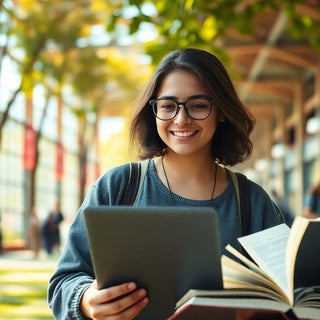 University student on campus with books and a laptop.