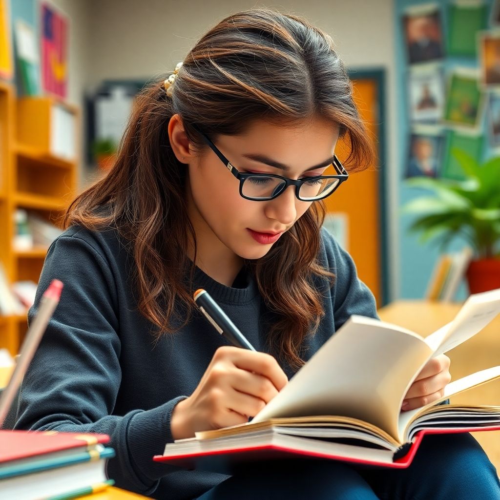 Étudiant universitaire écrivant dans un cahier.