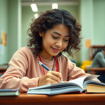 University student writing in a colorful study environment.