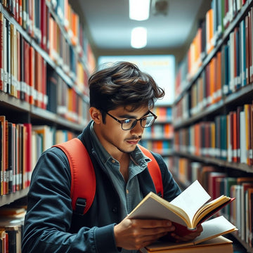 Estudiante investigando en biblioteca colorida