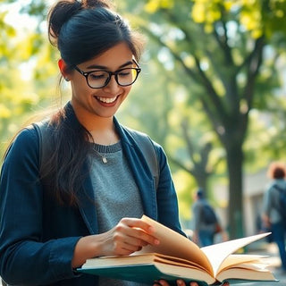 University student studying in a lively campus environment.