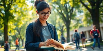 University student studying in a lively campus environment.