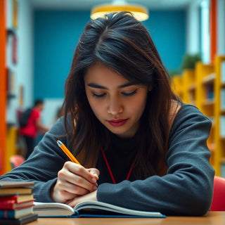 University student writing in a vibrant study environment.