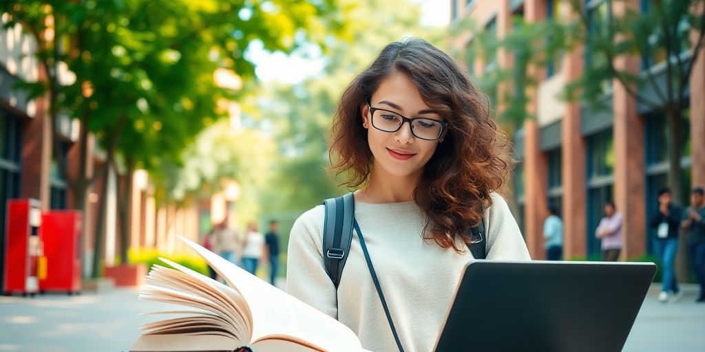 University student in a vibrant campus environment with books.