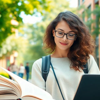 University student in a vibrant campus environment with books.