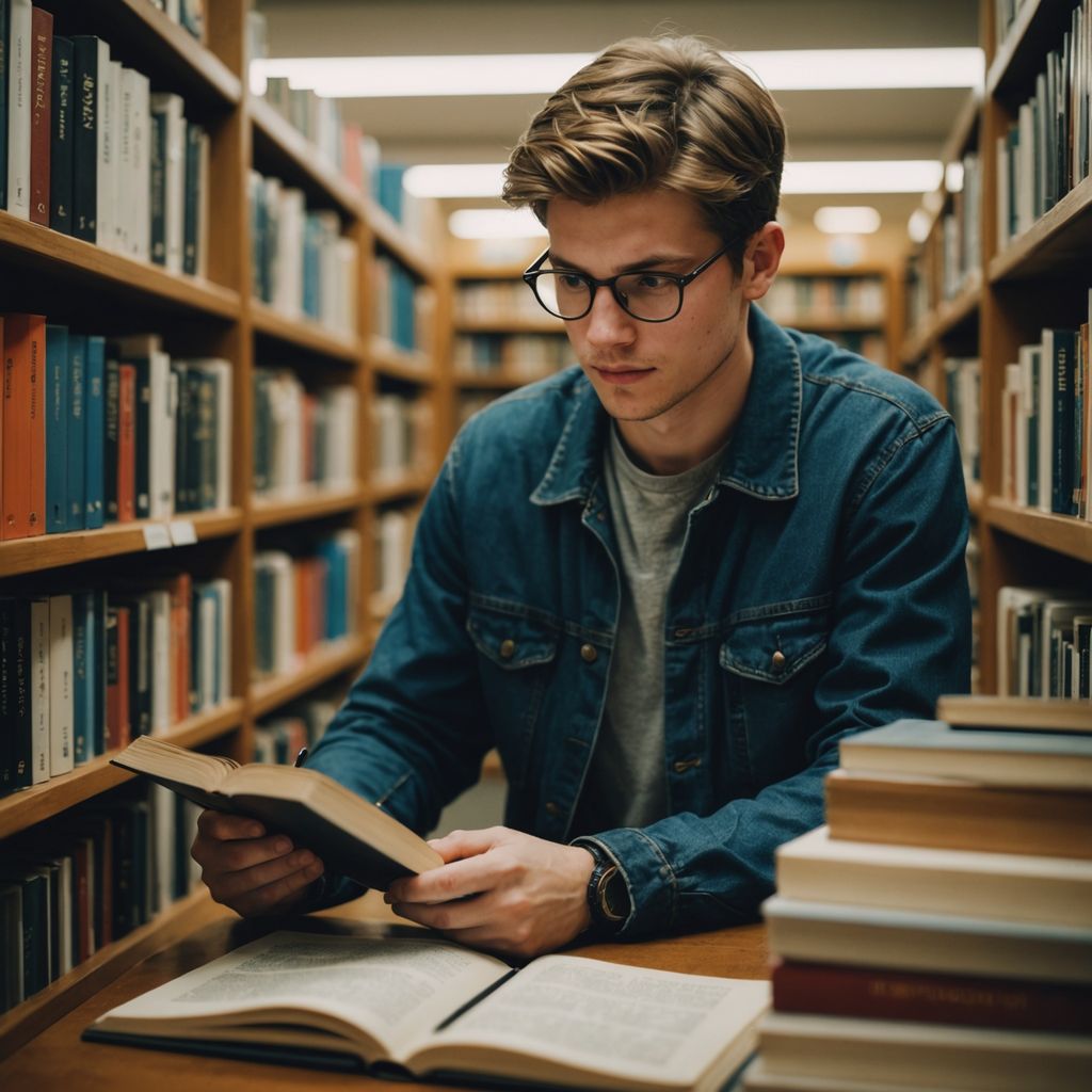 Student in library surrounded by books, studying intently