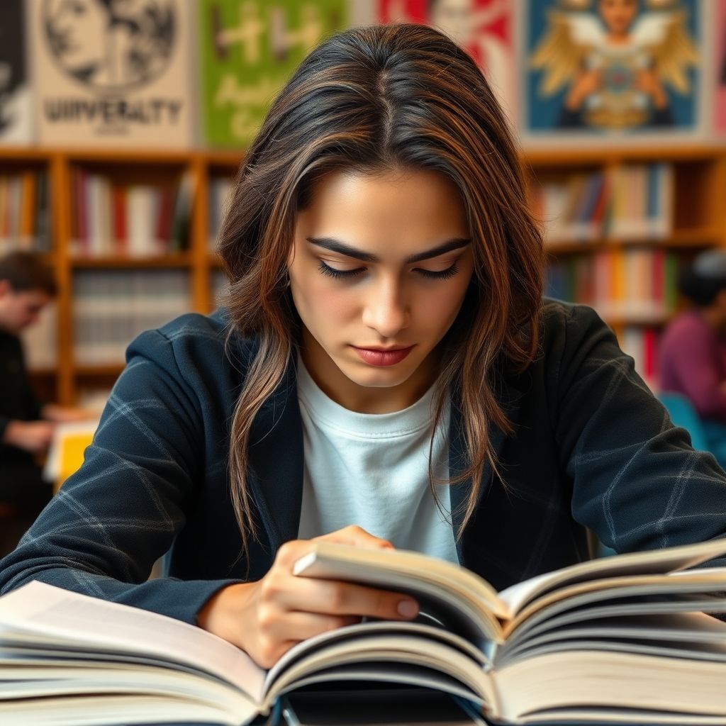 University student reading in a vibrant study environment.