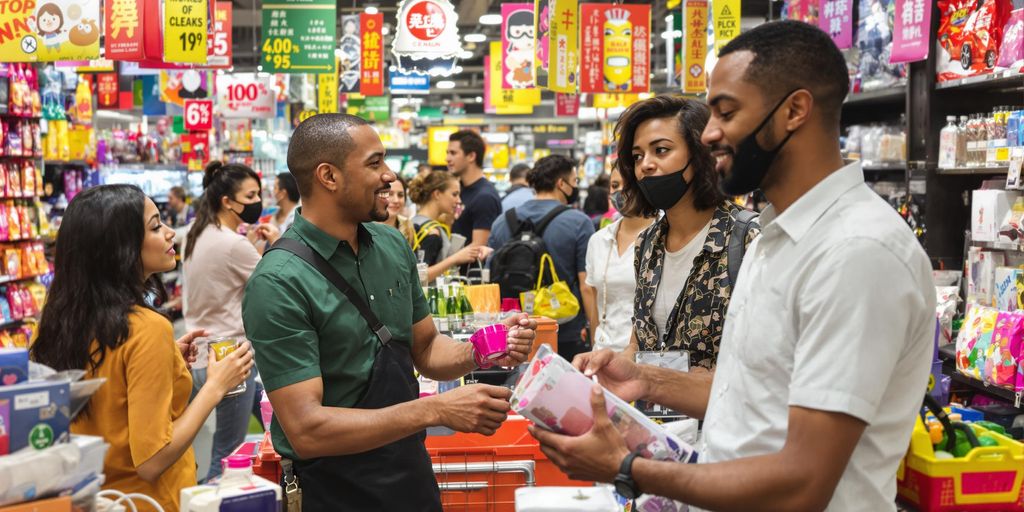 Diverse shoppers interacting in a lively marketplace setting.