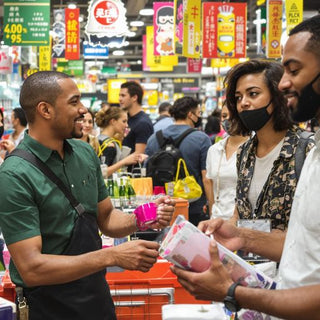 Diverse shoppers interacting in a lively marketplace setting.