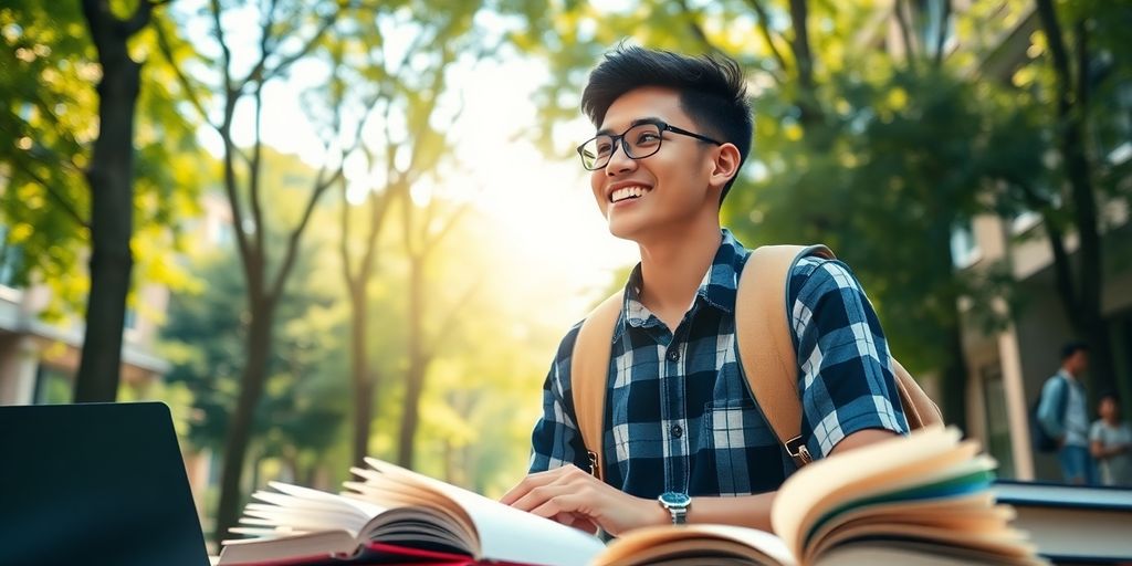 University student in a vibrant campus environment with books.