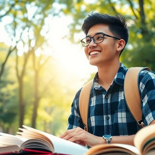 University student in a vibrant campus environment with books.