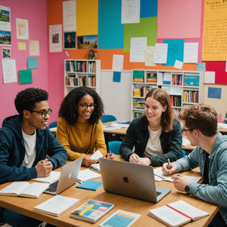 Students discussing around a table with books and laptops.