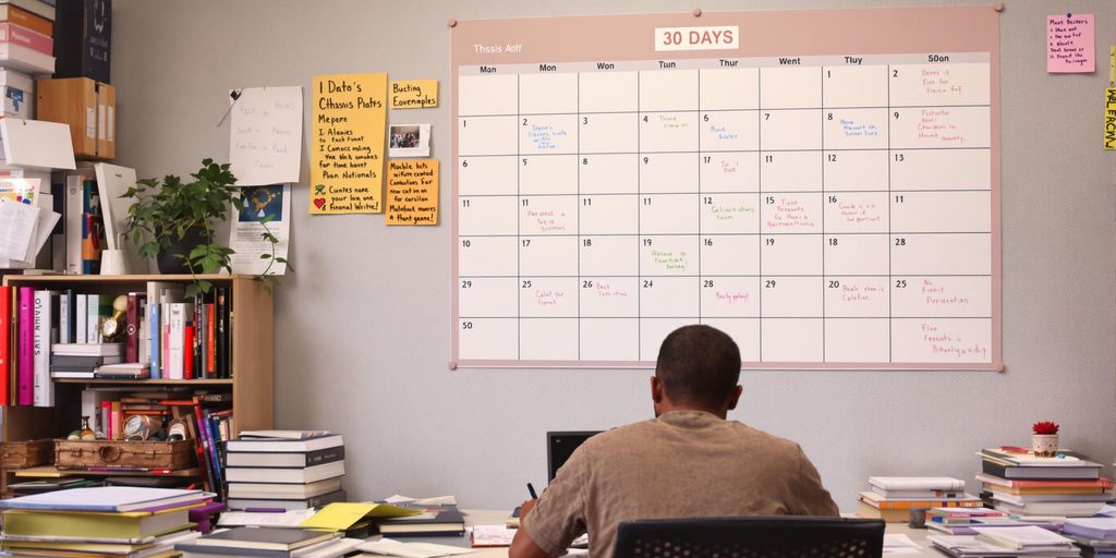 Student writing at a desk with a calendar.