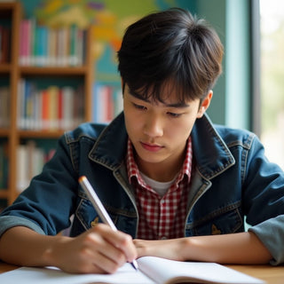 University student writing in a vibrant, colorful setting.