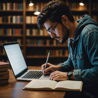 Estudiante trabajando en tesis con laptop y libros.