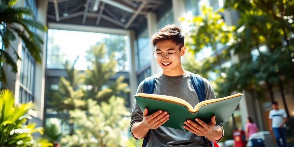 University student studying in a lively campus environment.