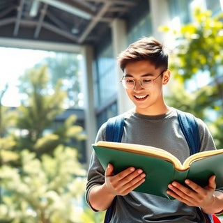 University student studying in a lively campus environment.